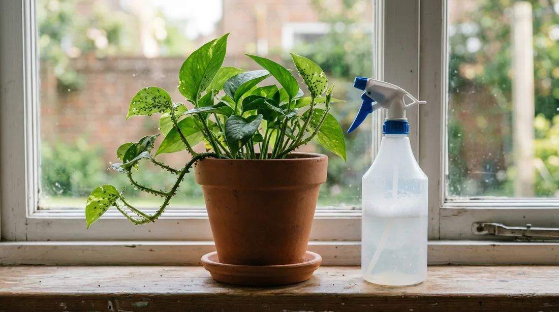 Sprühflasche mit Schmierseifenlösung neben einer befallenen Zimmerpflanze